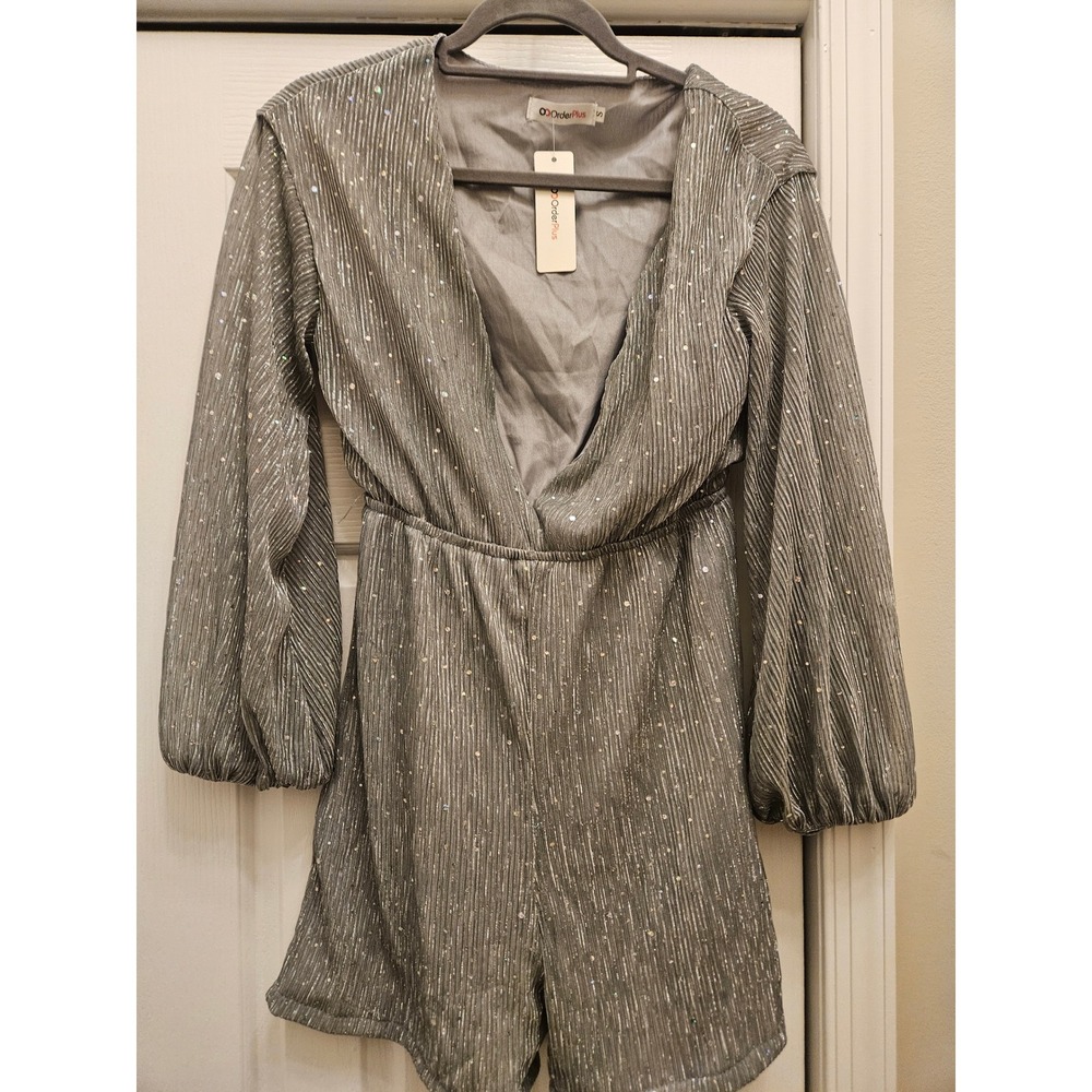 OrderPlus Silver Sequin Pleated Romper Deep V-Neck Lantern Sleeve Party Outfit S